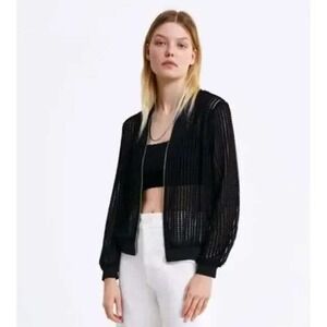 Zara Jacket Womens Medium Black Mesh Sheer Stripe Bomber Zip Lightweight Unlined
